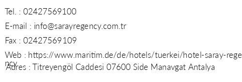 Maritim Hotel Saray Regency telefon numaralar, faks, e-mail, posta adresi ve iletiim bilgileri